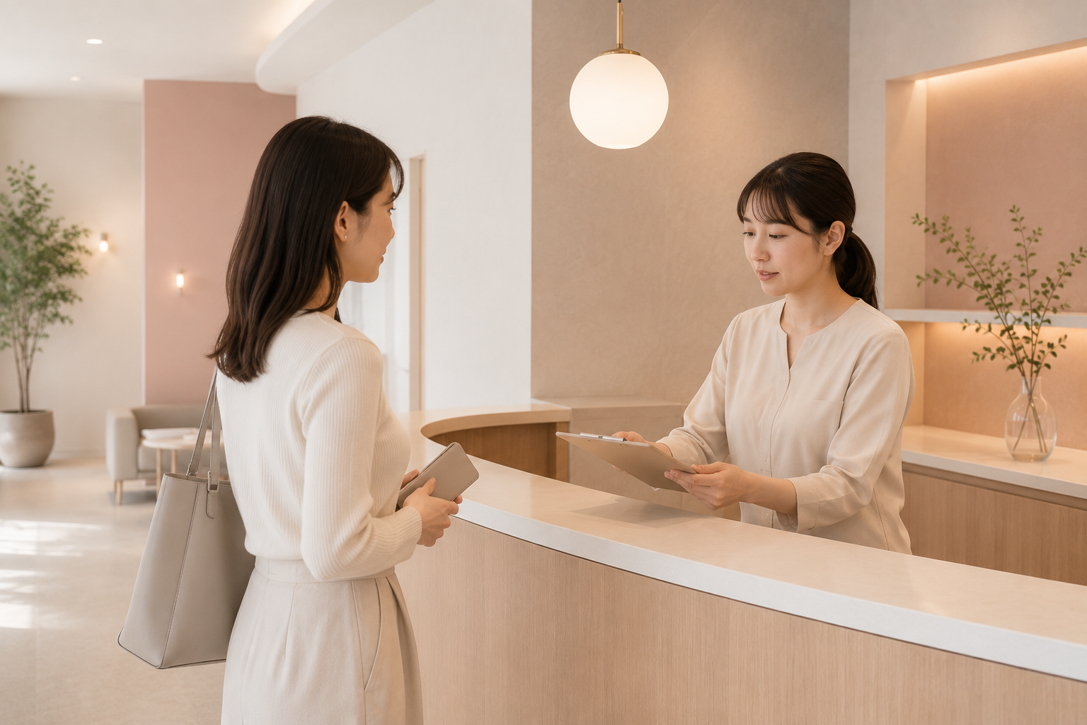 受付でスタッフから案内を受ける患者